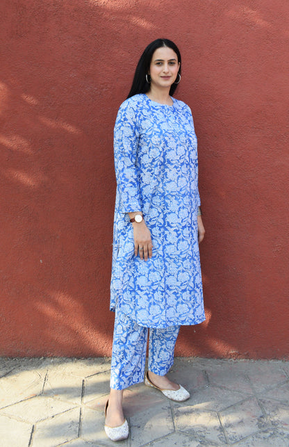 Blue Floral Hand Block Printed Co-ord Set