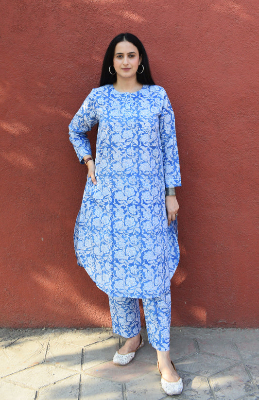 Blue Floral Hand Block Printed Co-ord Set