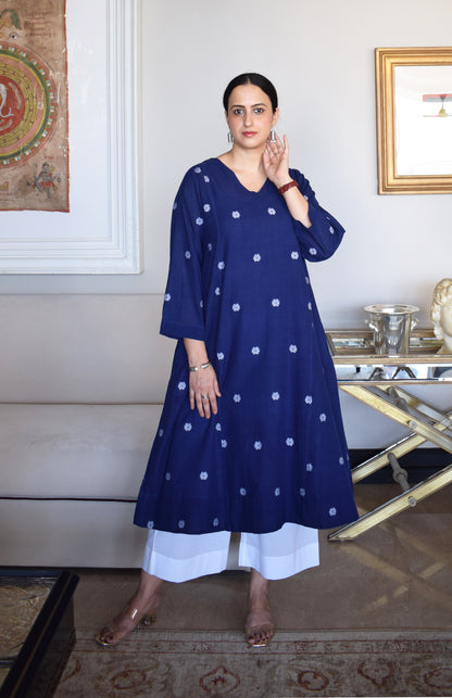 Midnight Blue Jamdani Phiran with White pyjama