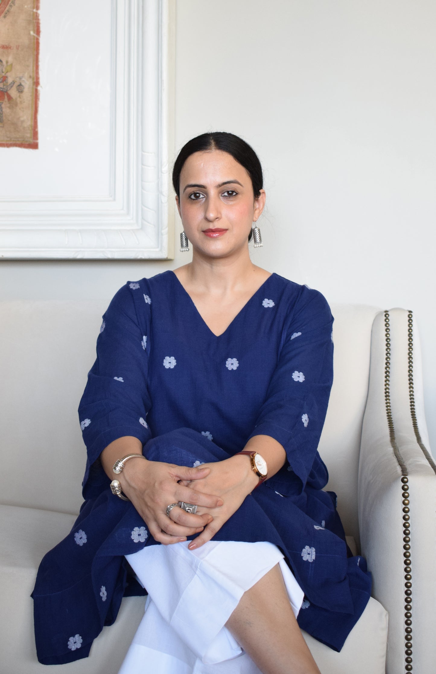 Midnight Blue Jamdani Phiran with White pyjama