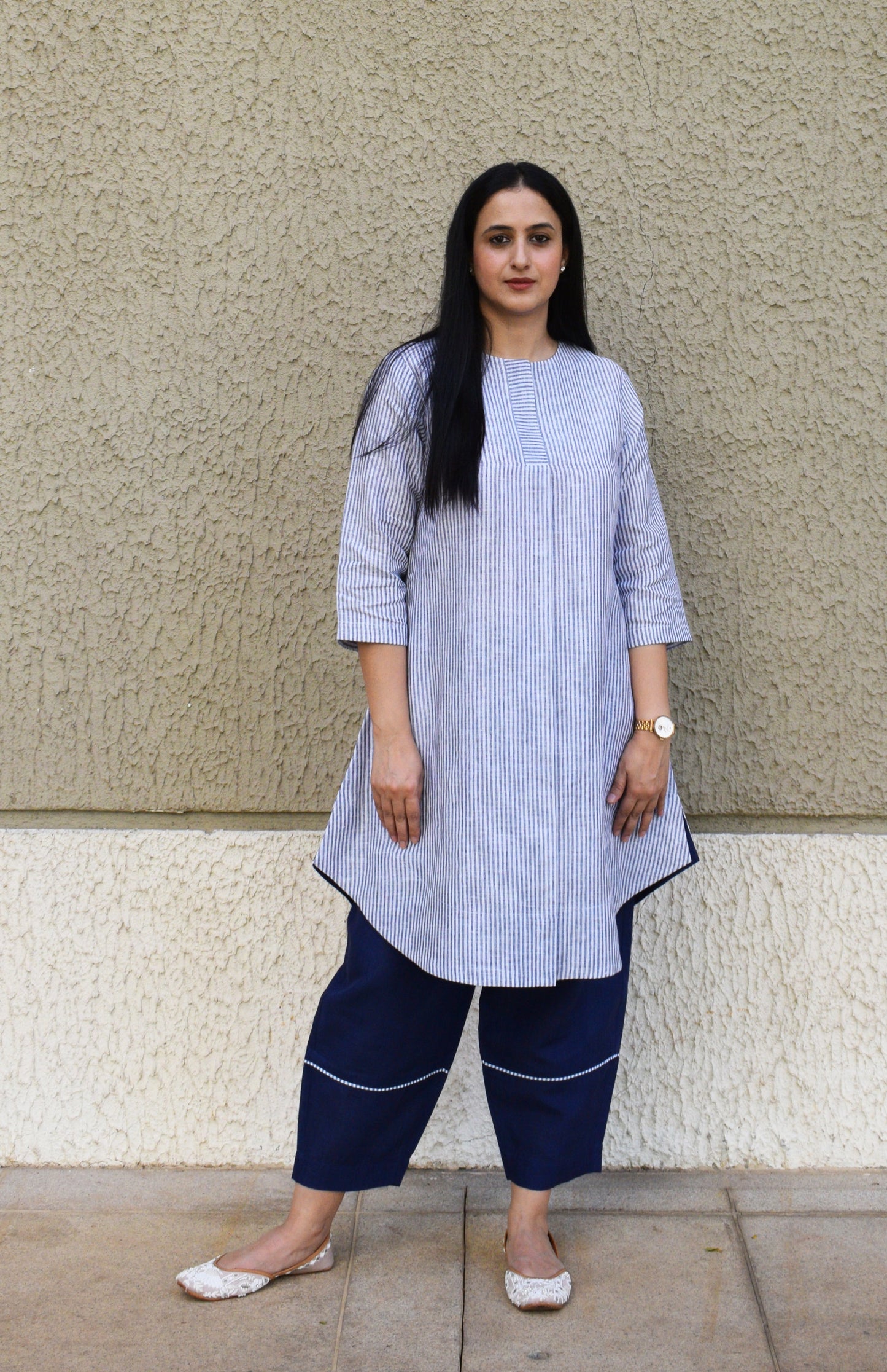 Blue and white Striped Linen kurta set with trousers