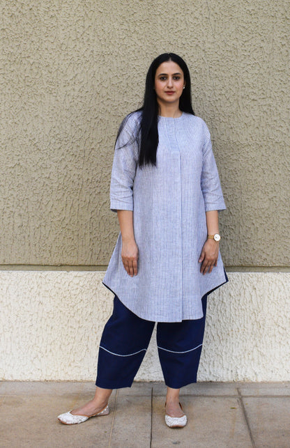Blue and white Striped Linen kurta set with trousers