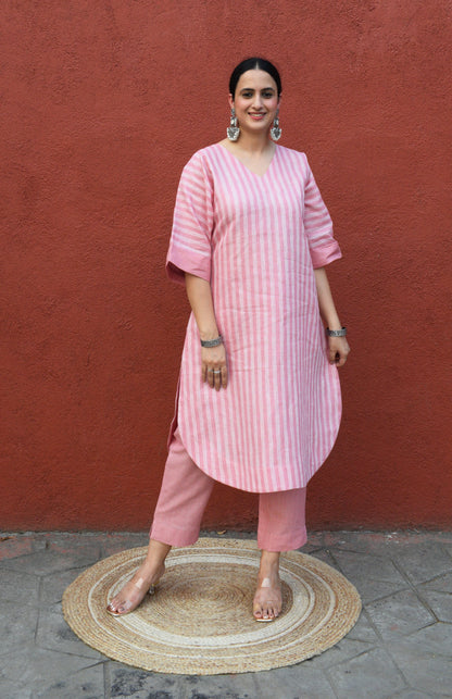 Blush Pink Striped Linen Choga Set with trousers