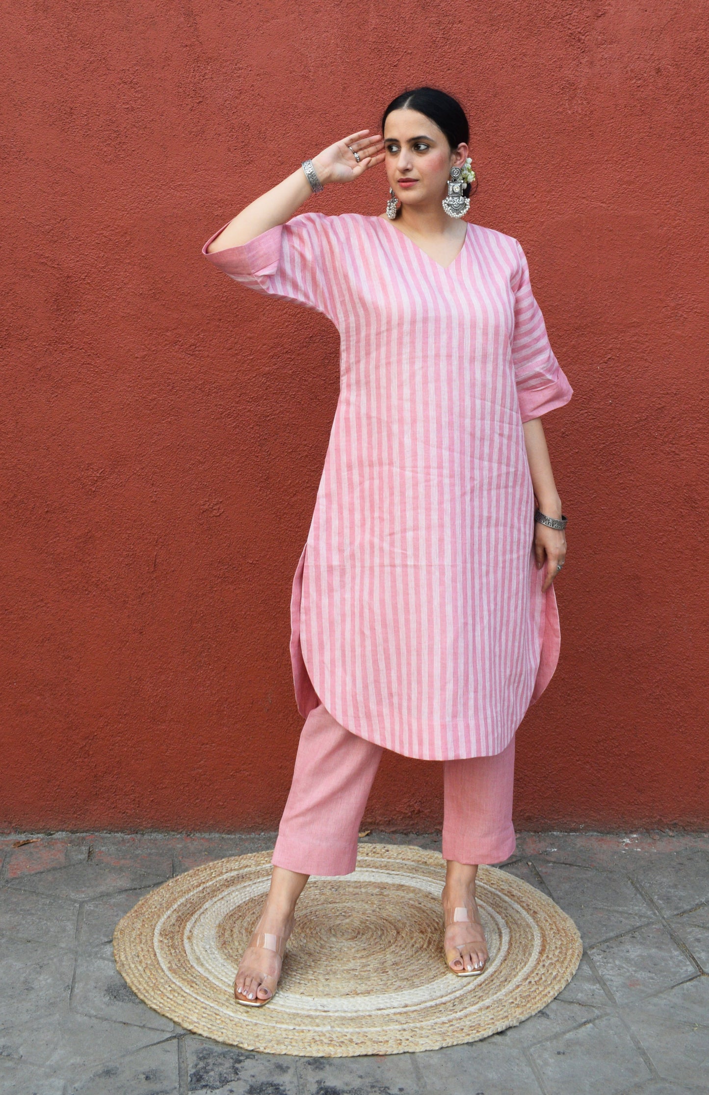 Blush Pink Striped Linen Choga with V neck