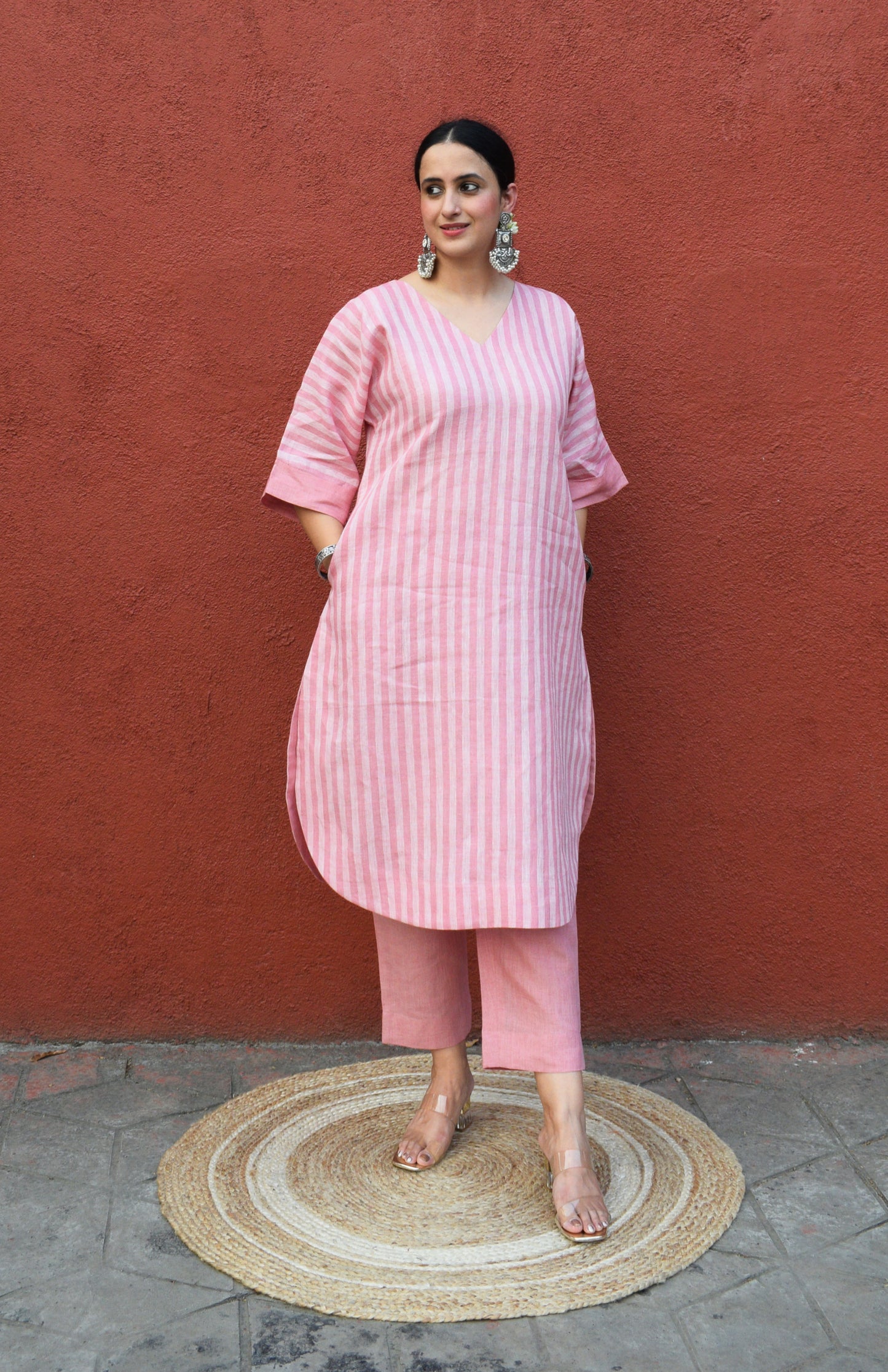 Blush Pink Striped Linen Choga with V neck