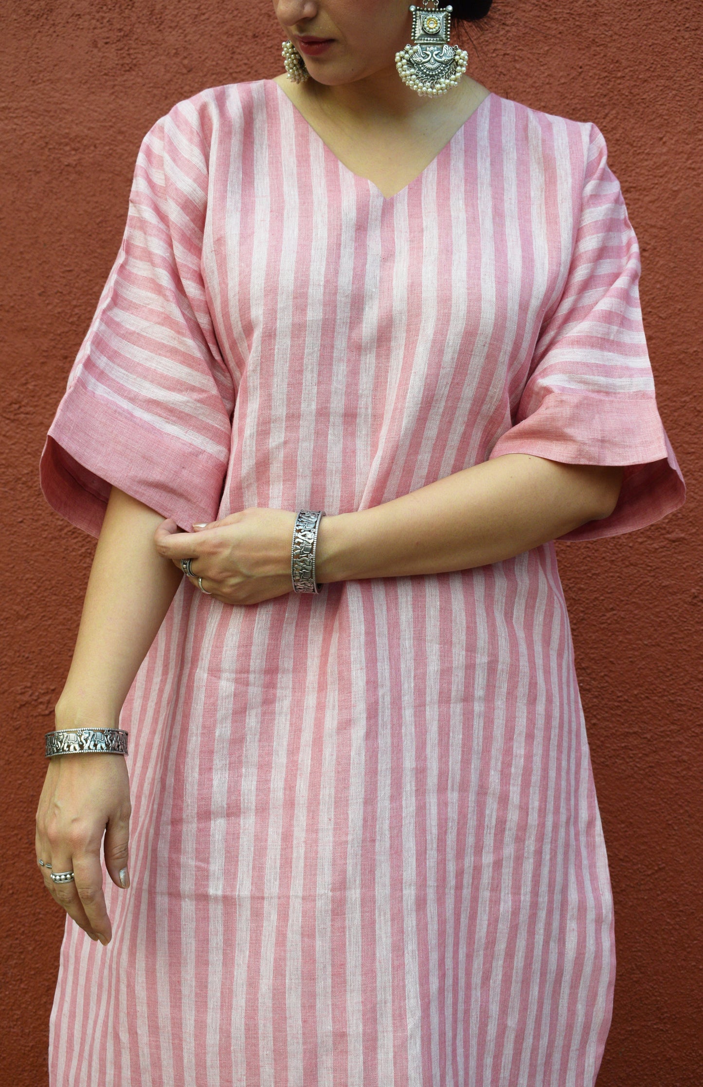 Blush Pink Striped Linen Choga with V neck