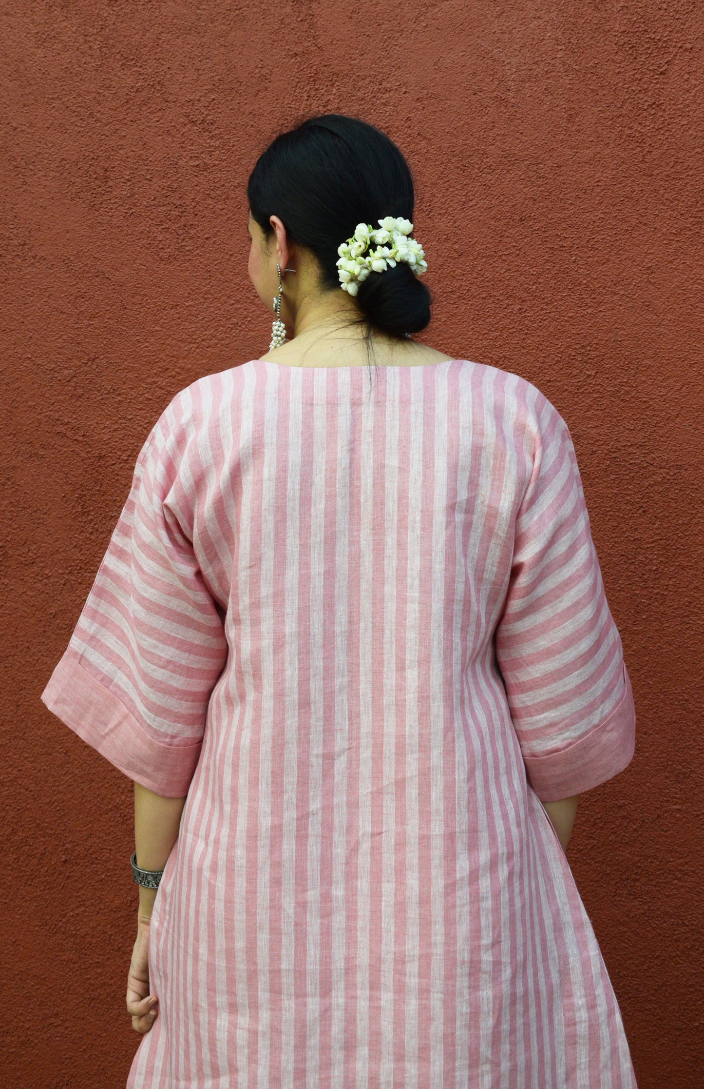 Blush Pink Striped Linen Choga with V neck