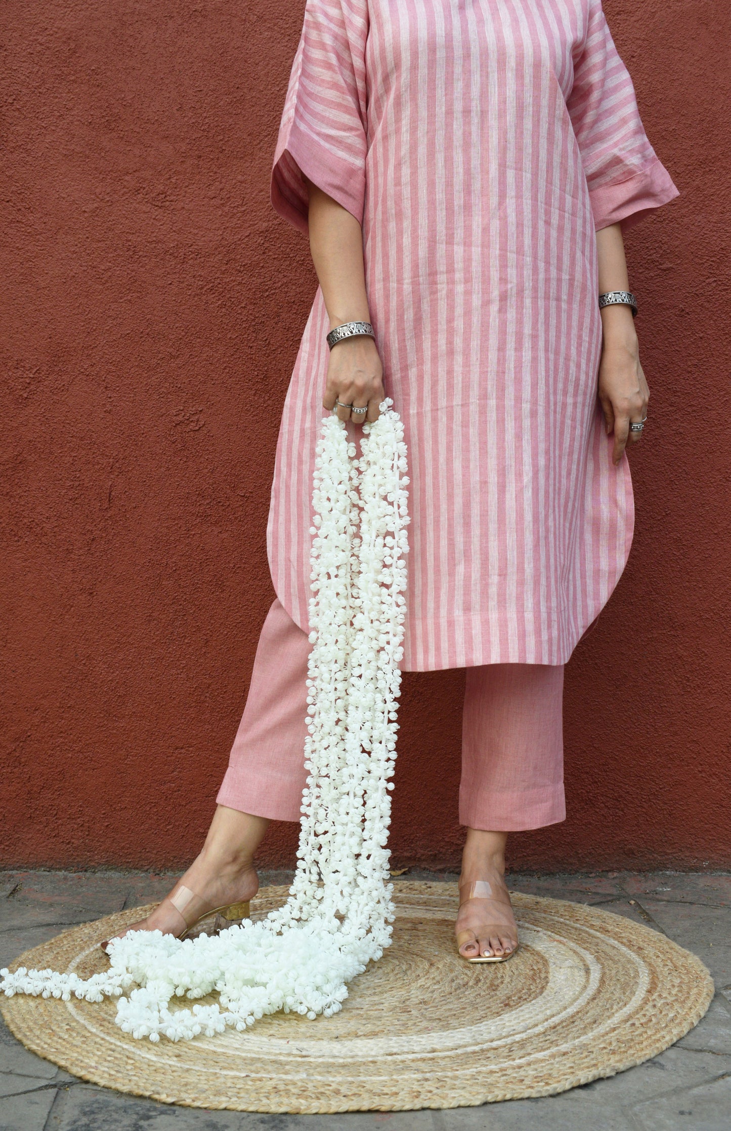 Blush Pink Striped Linen Choga Set with trousers