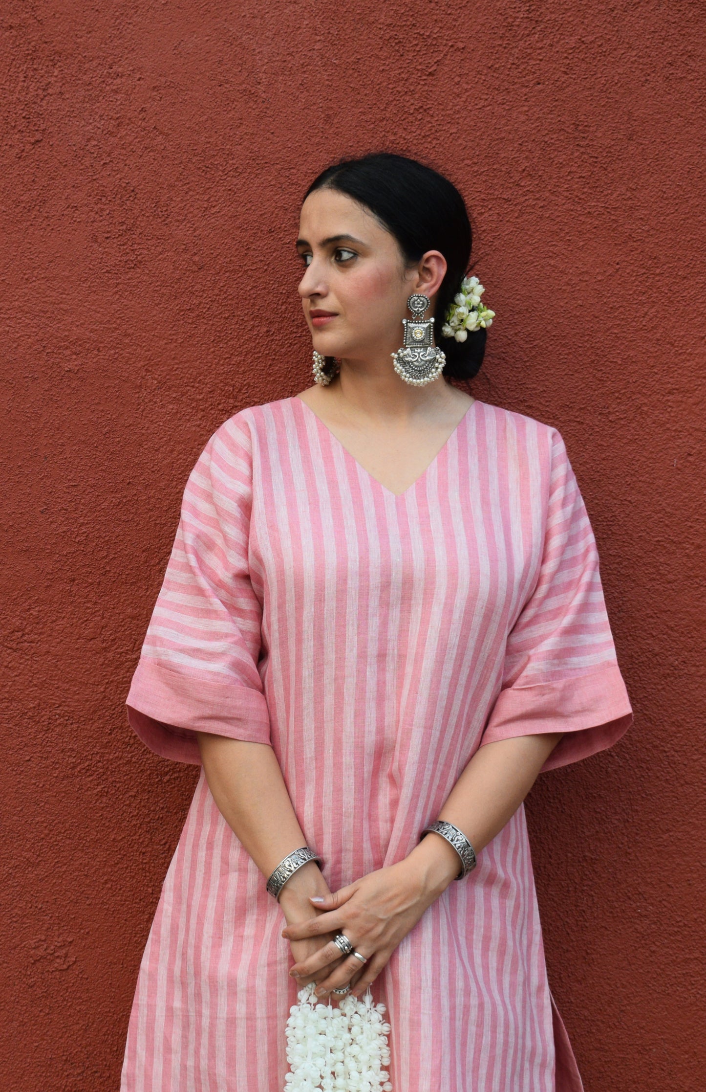 Blush Pink Striped Linen Choga with V neck