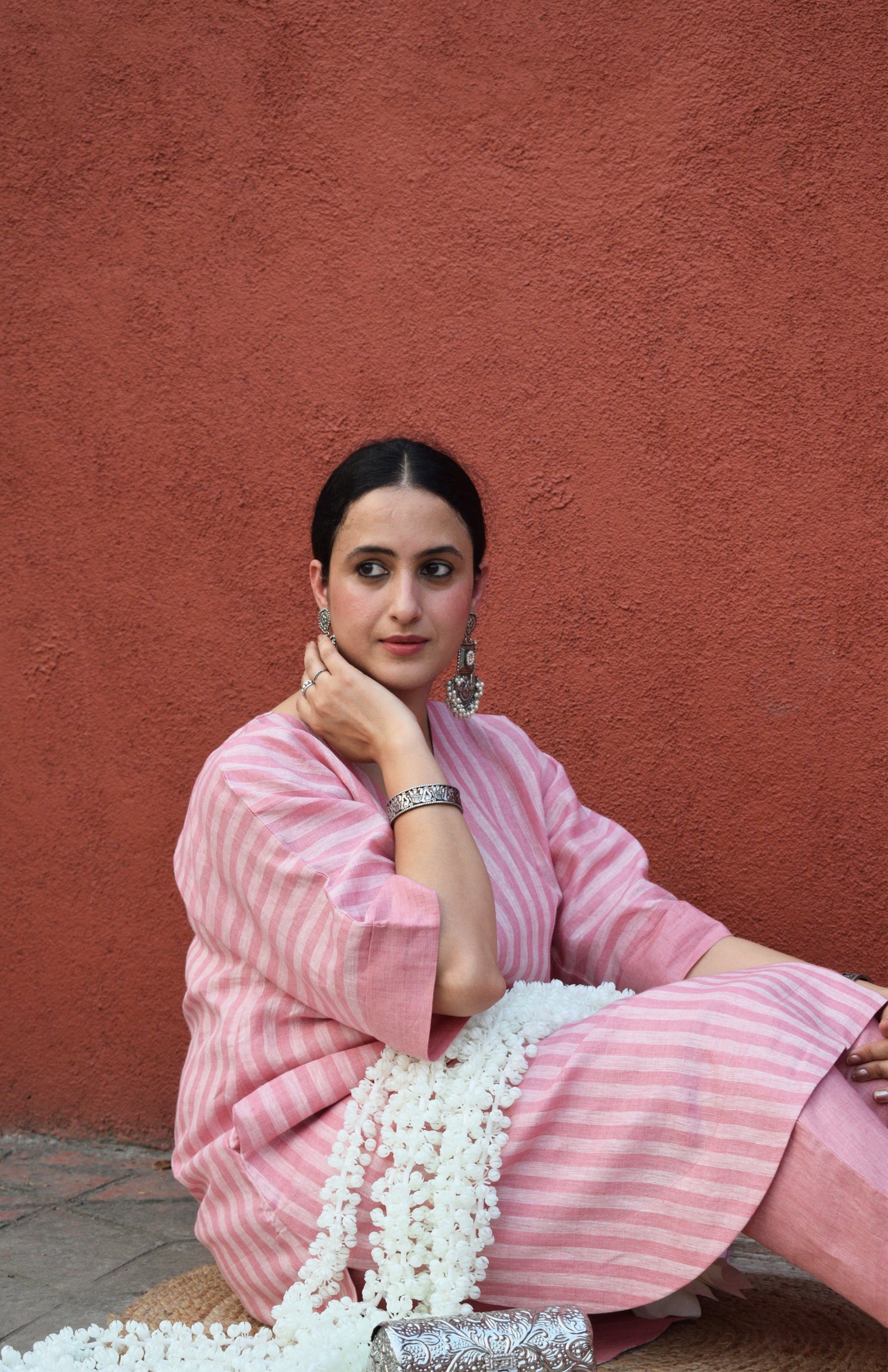 Blush Pink Striped Linen Choga with V neck