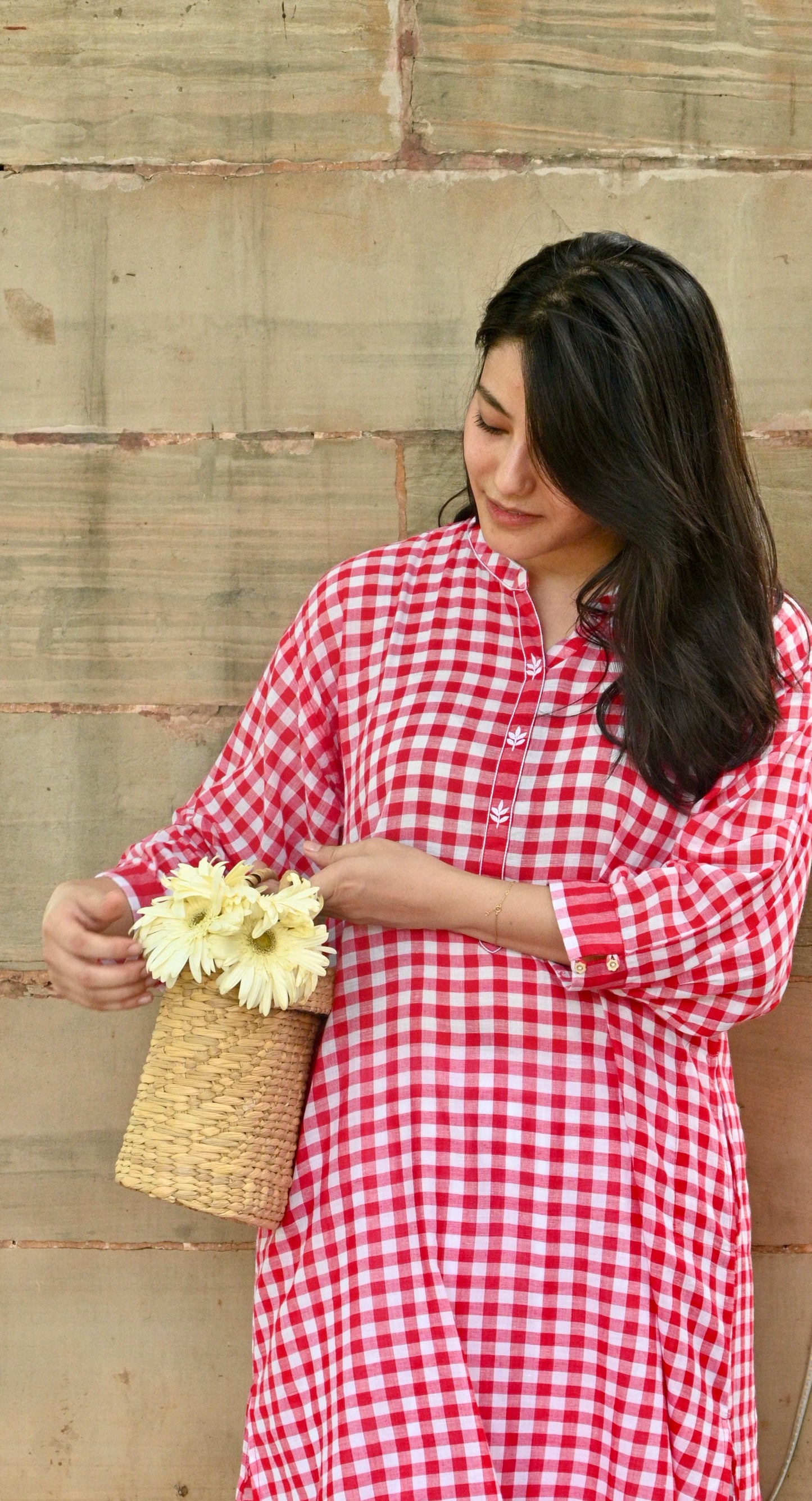 Poppy Red Antifit Kurta in Handloom Checks