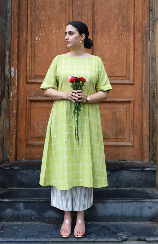 Lime Green A line Kurta in handwoven checks