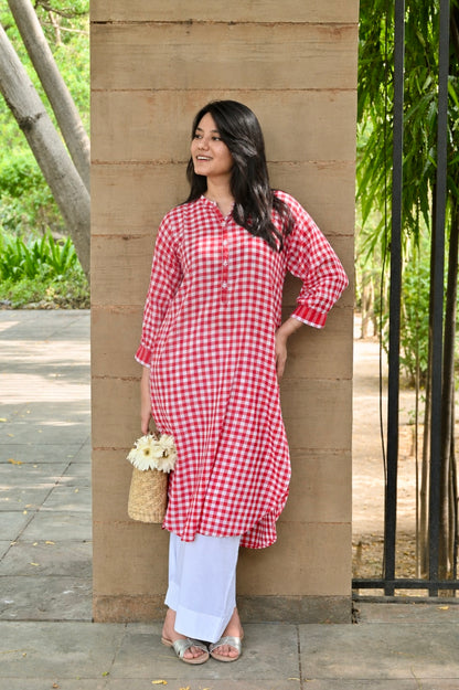 Poppy Red Antifit Kurta in Handloom Checks