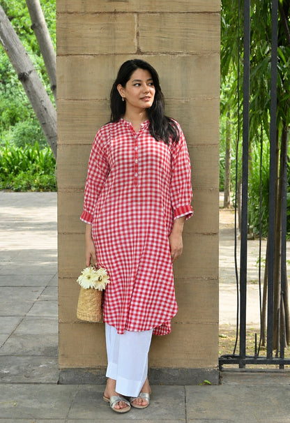 Poppy Red Antifit Kurta in Handloom Checks