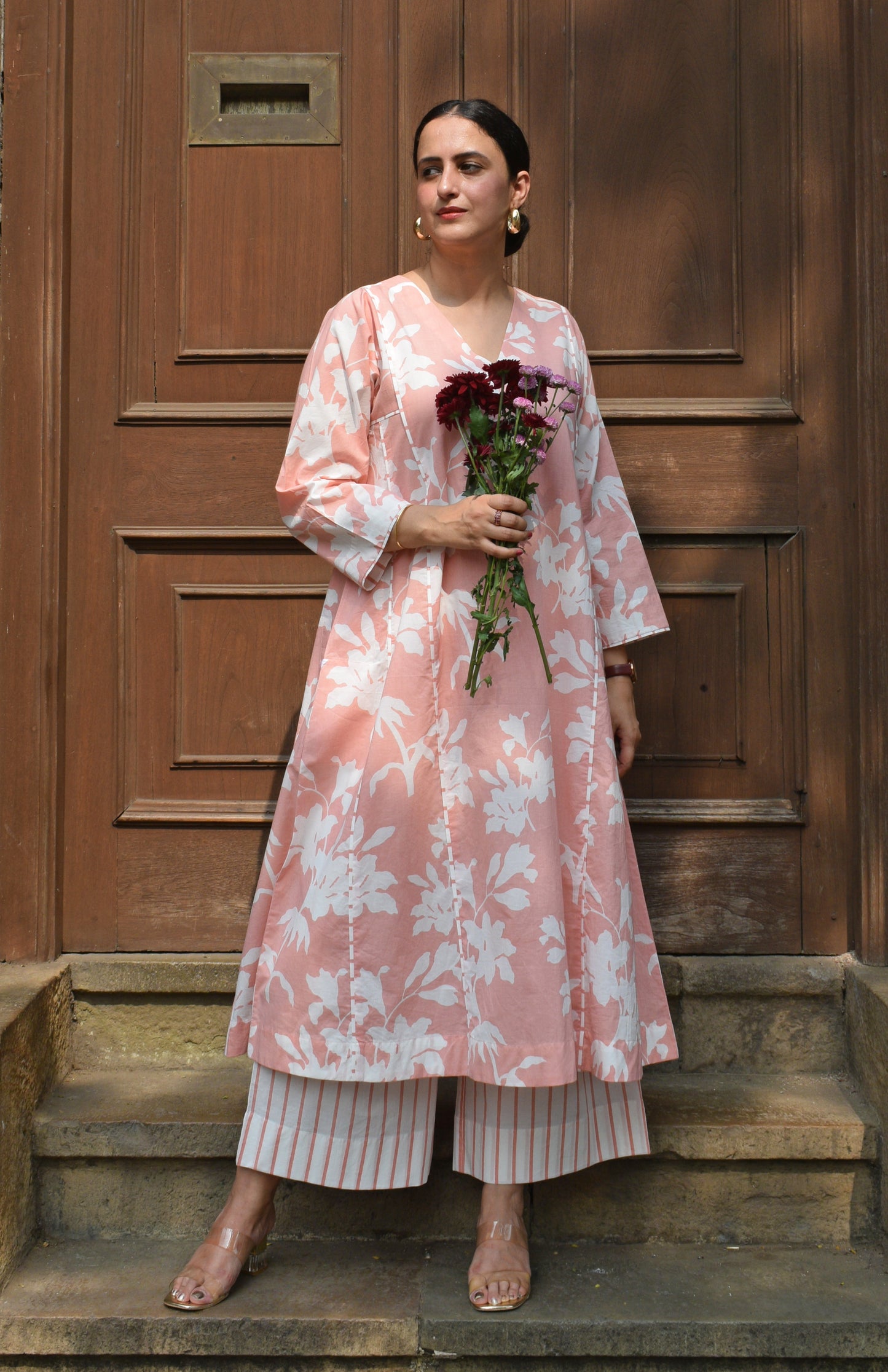 Pink Floral Paneled Kurta with Striped Pajama