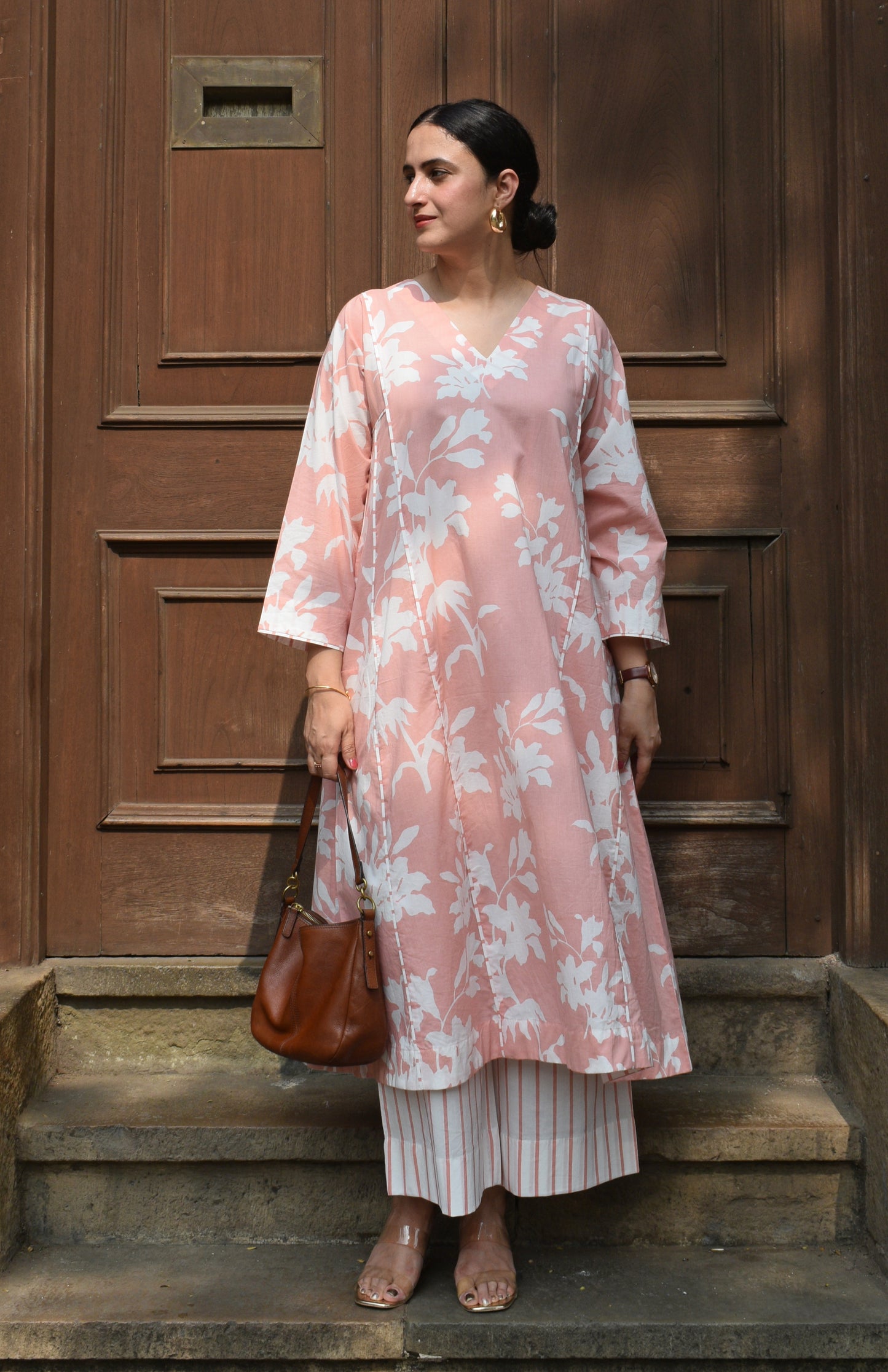 Pink Floral Paneled Kurta with Striped Pajama