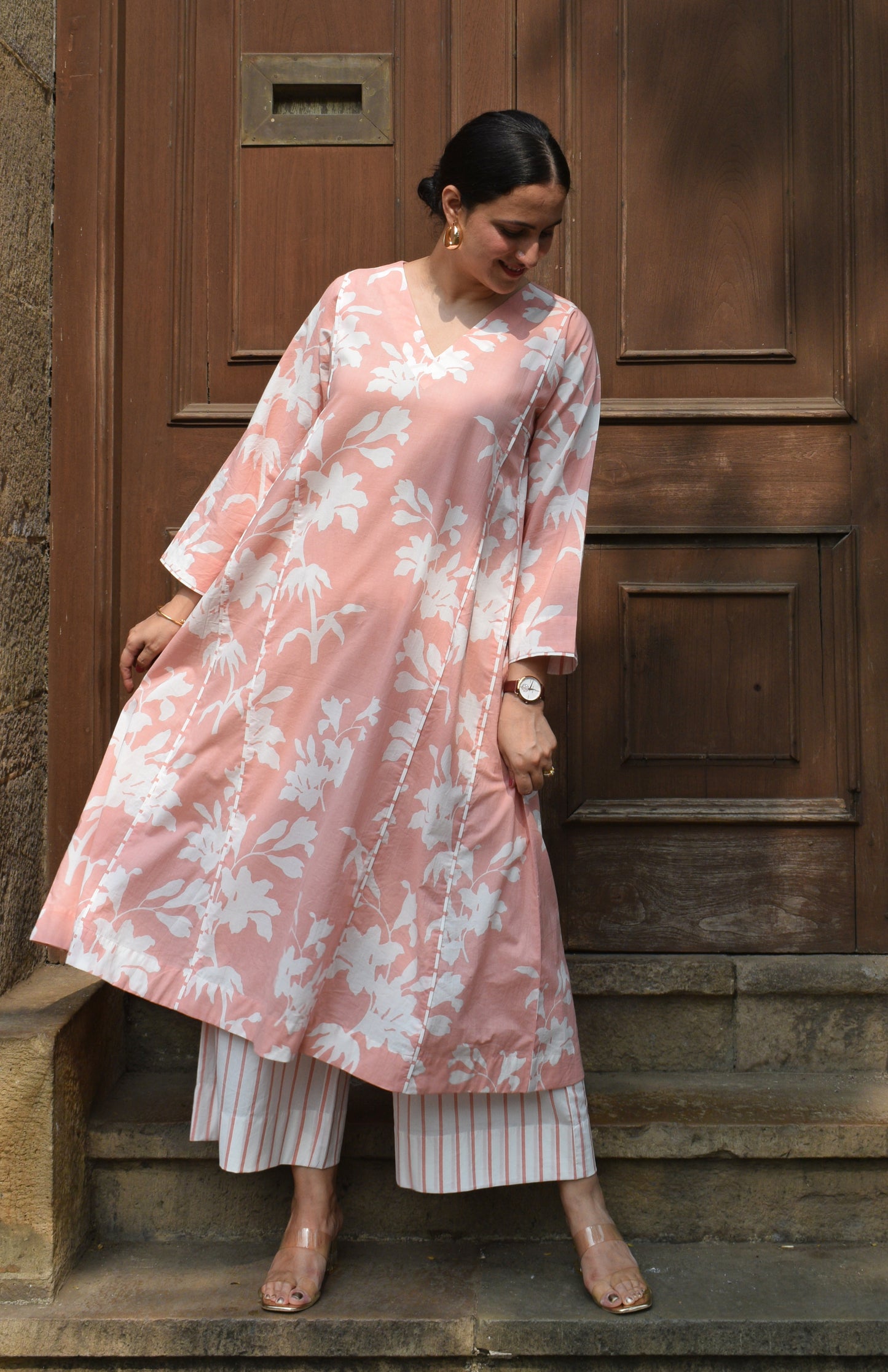 Pink Floral Paneled Kurta with Striped Pajama