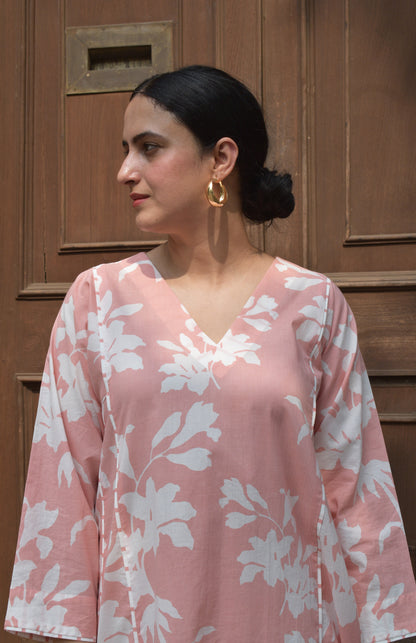 Pink Floral Paneled Kurta with Striped Pajama