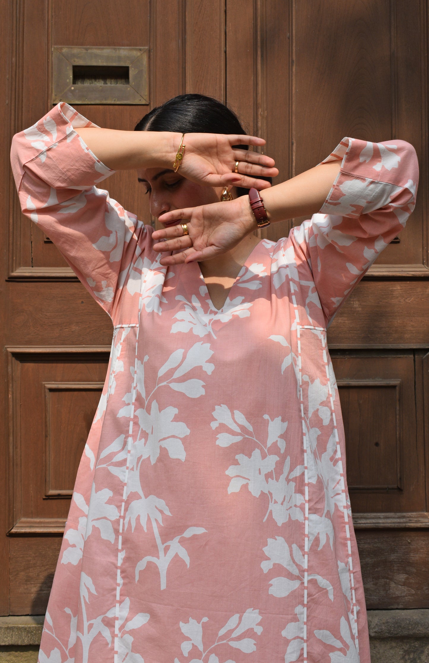 Pink Floral Paneled Kurta with Striped Pajama