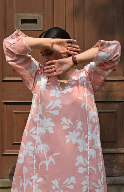 Pink Floral Paneled Kurta with Striped Pajama