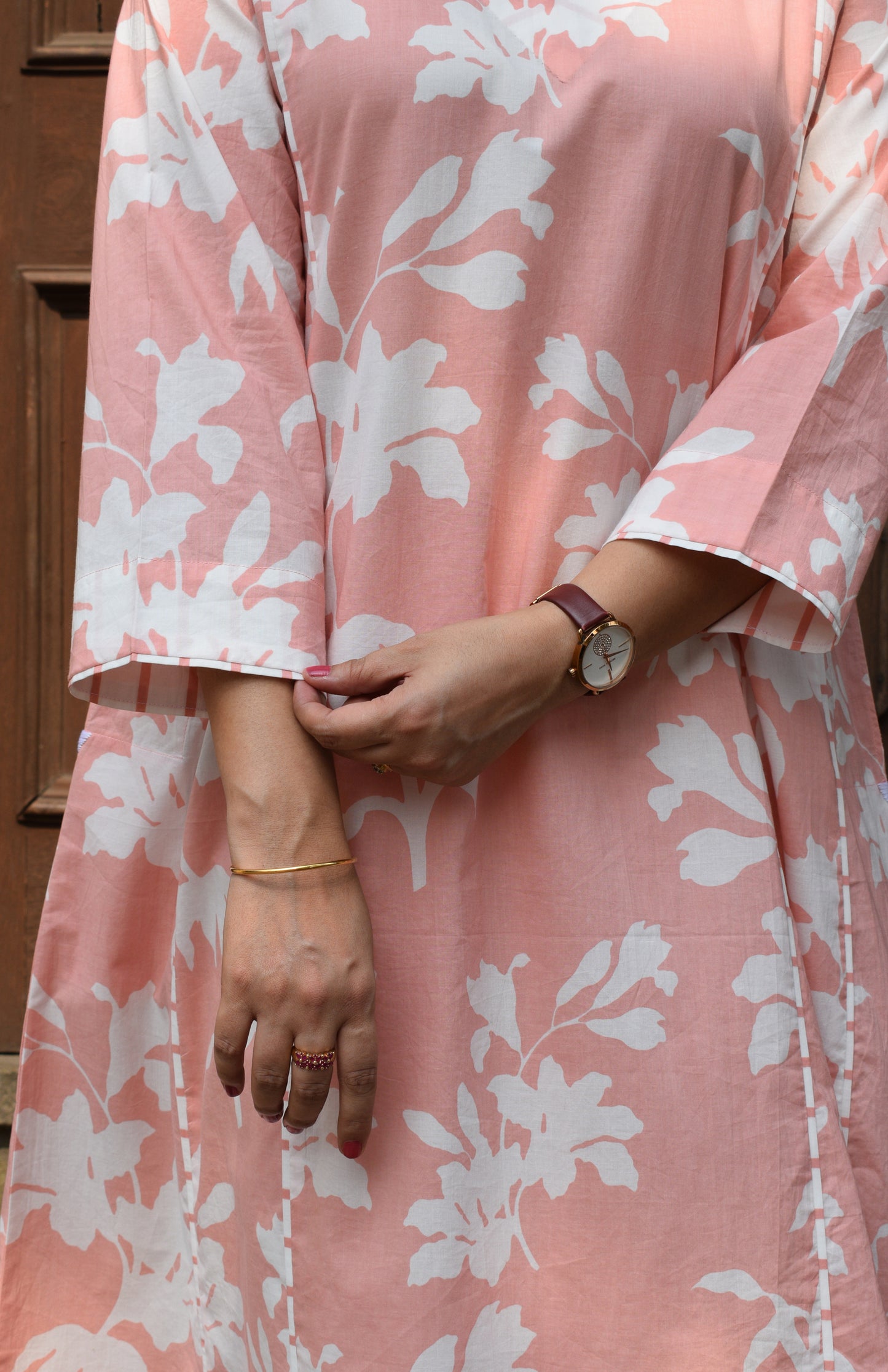 Pink Floral Paneled Kurta with Striped Pajama