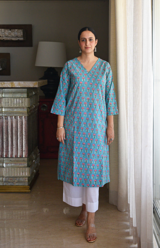 Blue and Pink Handblock Printed Panelled Kurta with V neck