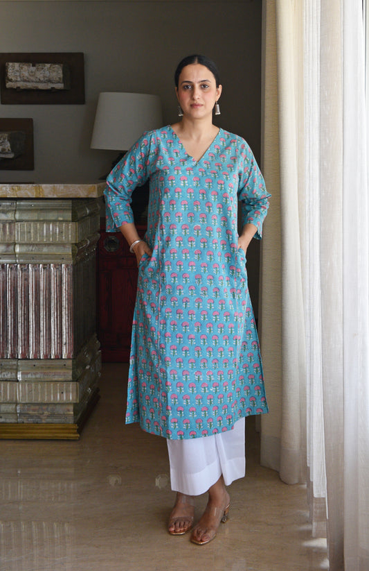 Blue and Pink Handblock Printed Panelled Kurta with White Pyjama