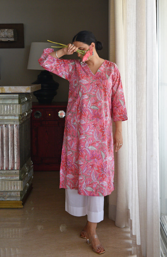 Pink Handblock Printed Panelled Kurta with White Pyjama
