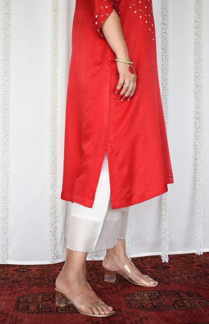 Red Gaji Silk Kurta with Bandhej and Chanderi pyjama