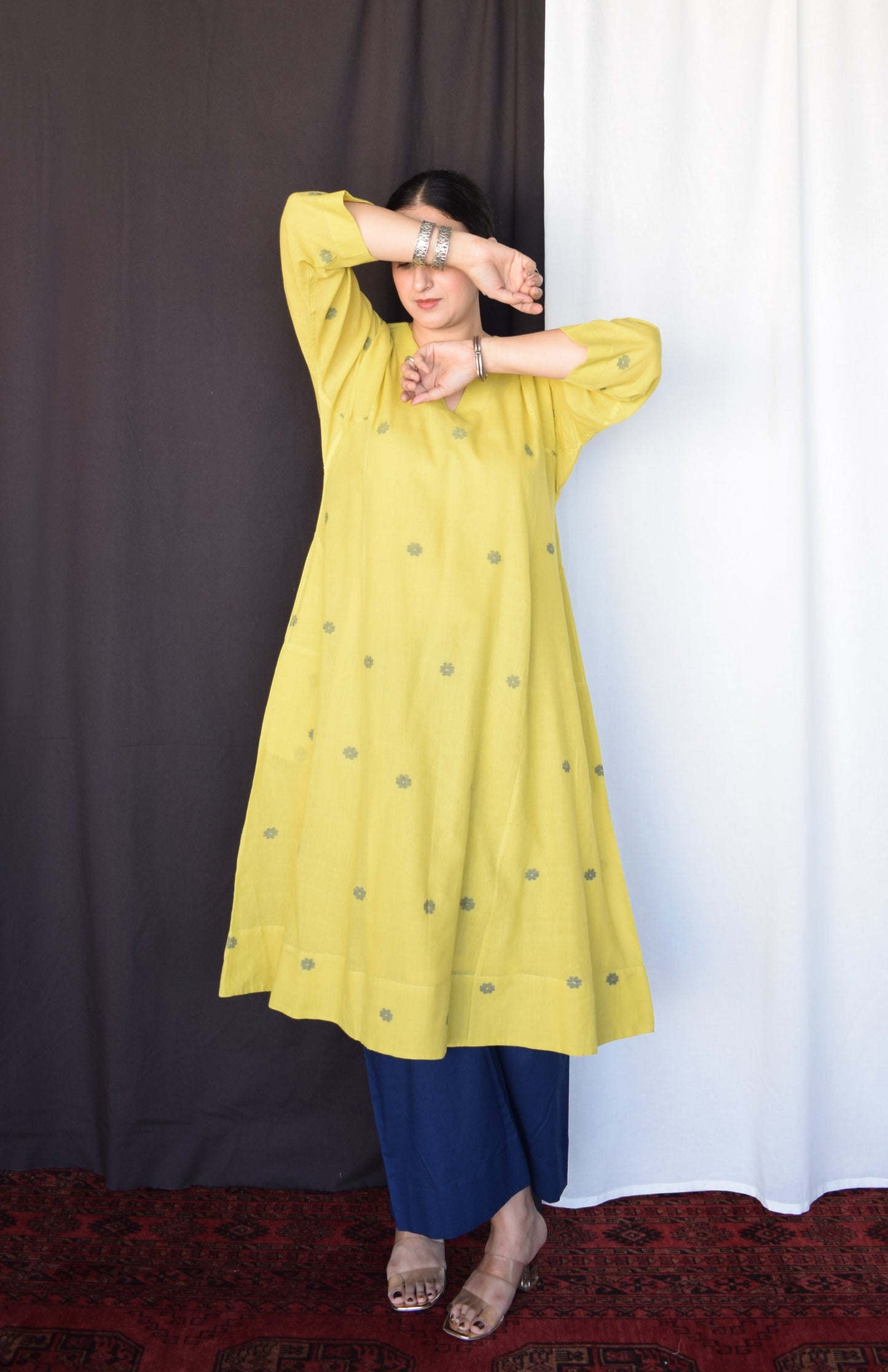 Sunshine Yellow Jamdani Phiran with Blue pyjama