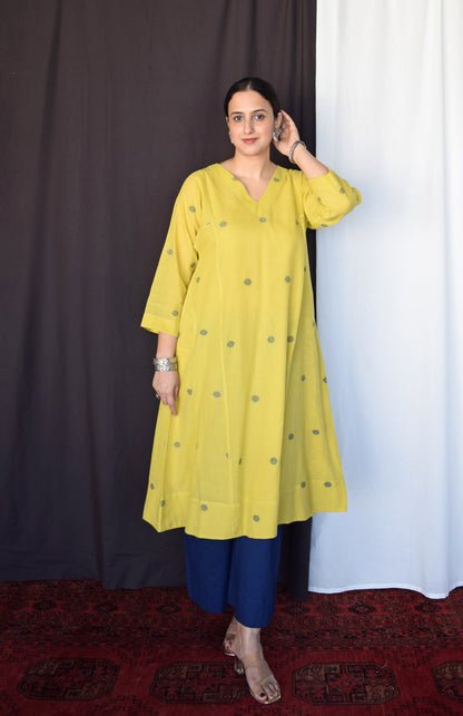 Sunshine Yellow Jamdani Phiran with Blue pyjama