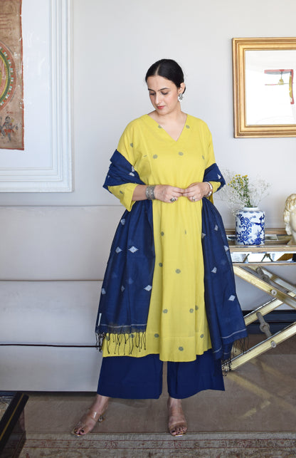 Sunshine Yellow Jamdani Phiran with Blue pyjama