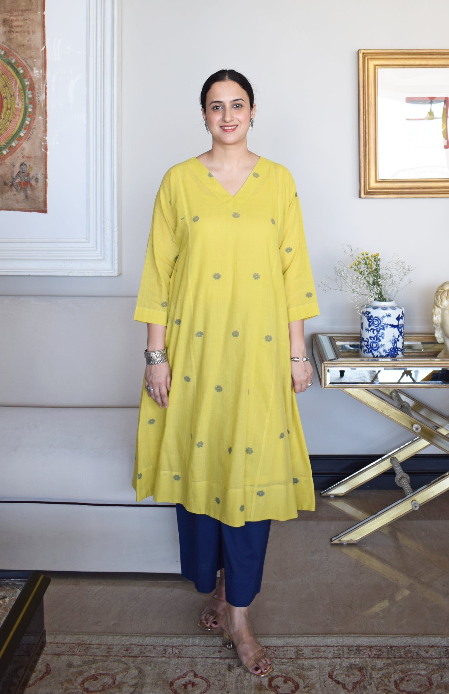 Sunshine Yellow Jamdani Phiran with Blue pyjama