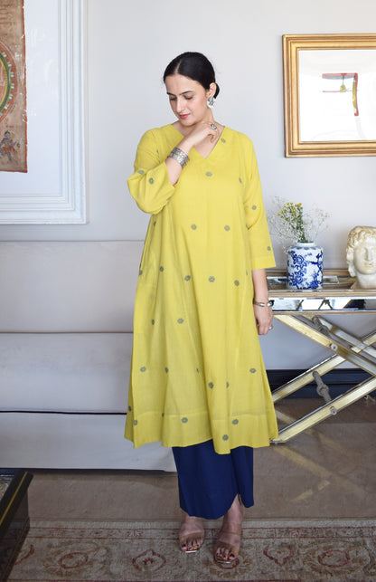 Sunshine Yellow Jamdani Phiran with Blue pyjama