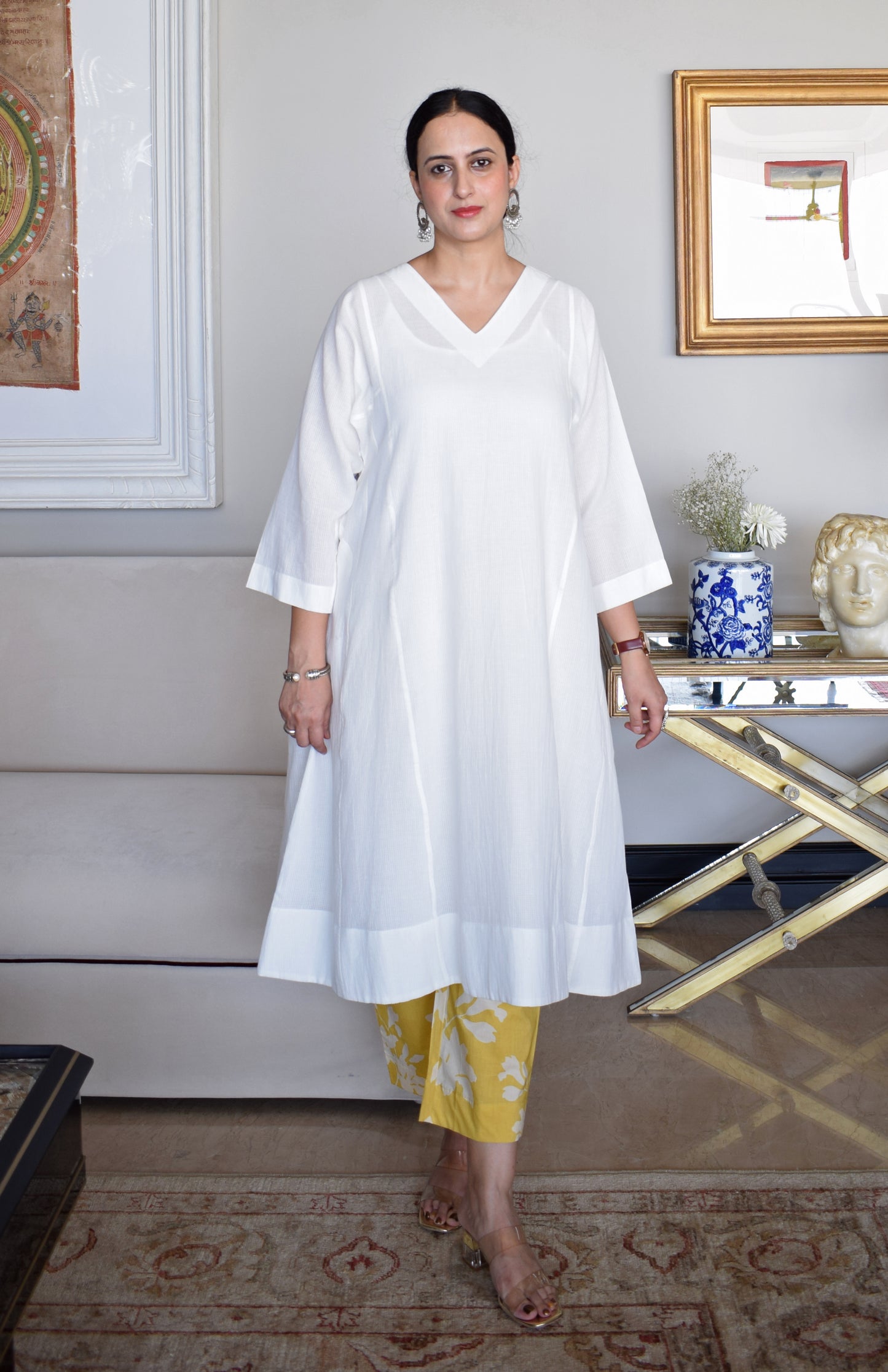 White Phiran Kurta in Handwoven Checks