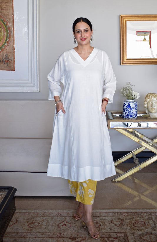 White Phiran Kurta in Handwoven Checks with Yellow Floral Pants