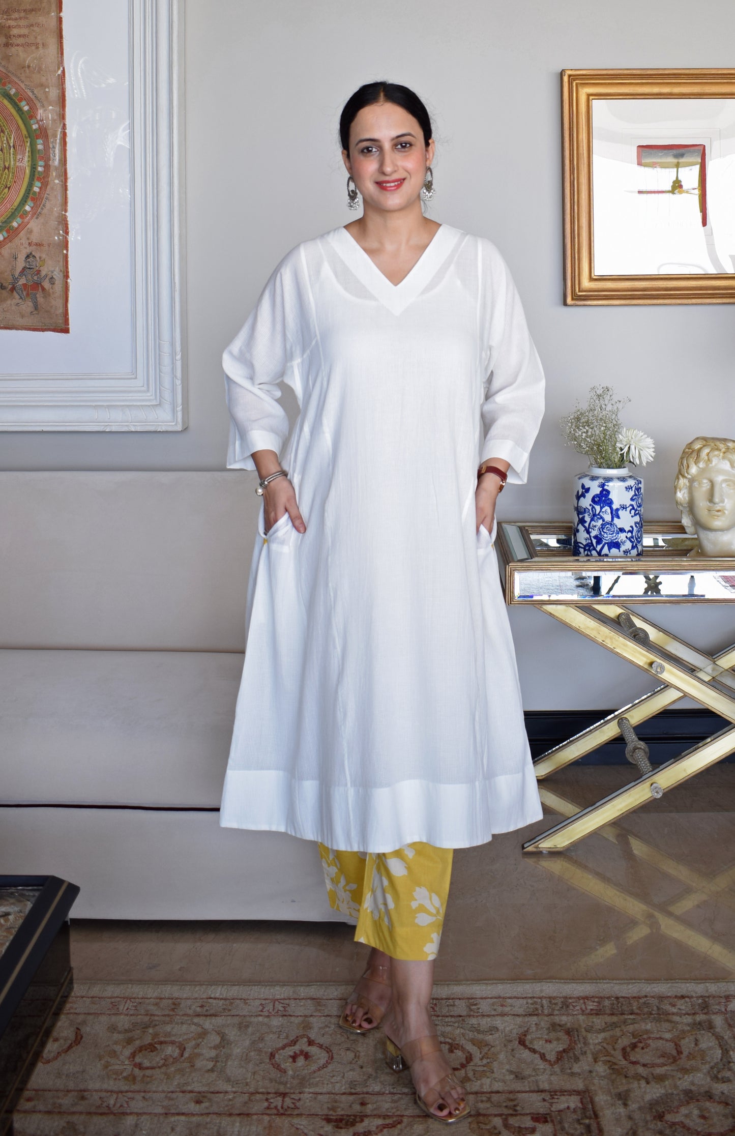 White Phiran Kurta in Handwoven Checks