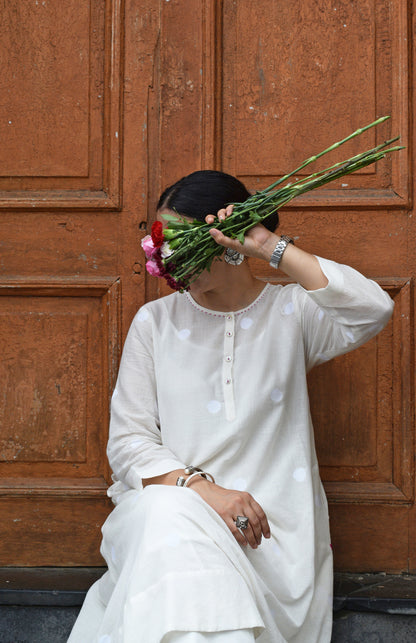 Off white jamdani Polka dot kurta with placket