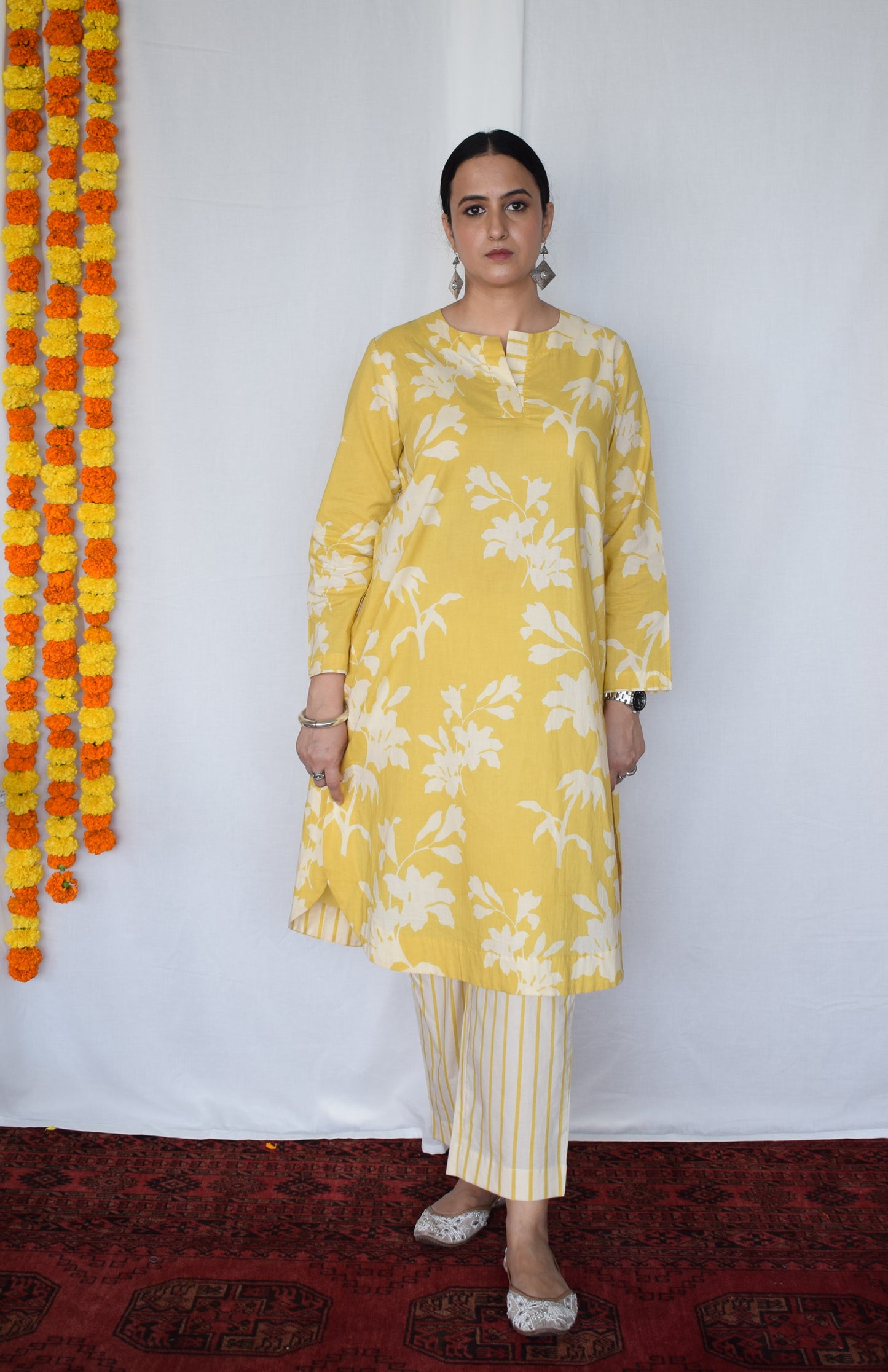 Yellow Floral Kurta with Striped Pajama