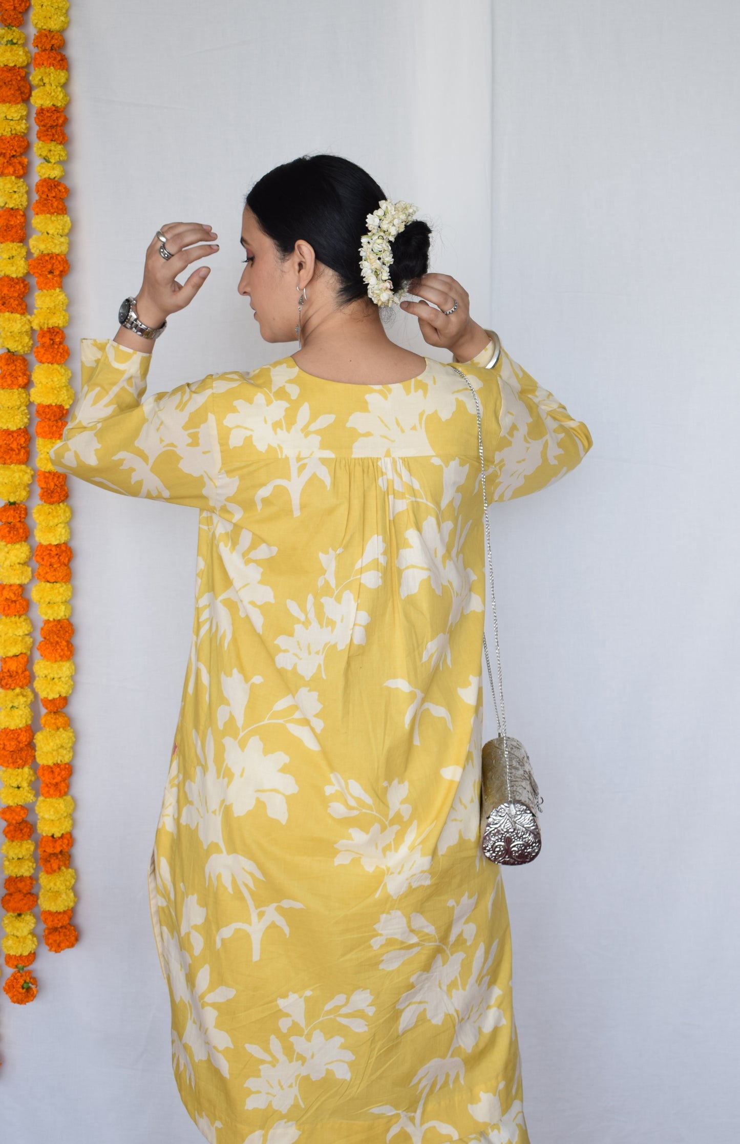 Yellow Floral Kurta with Striped Pajama