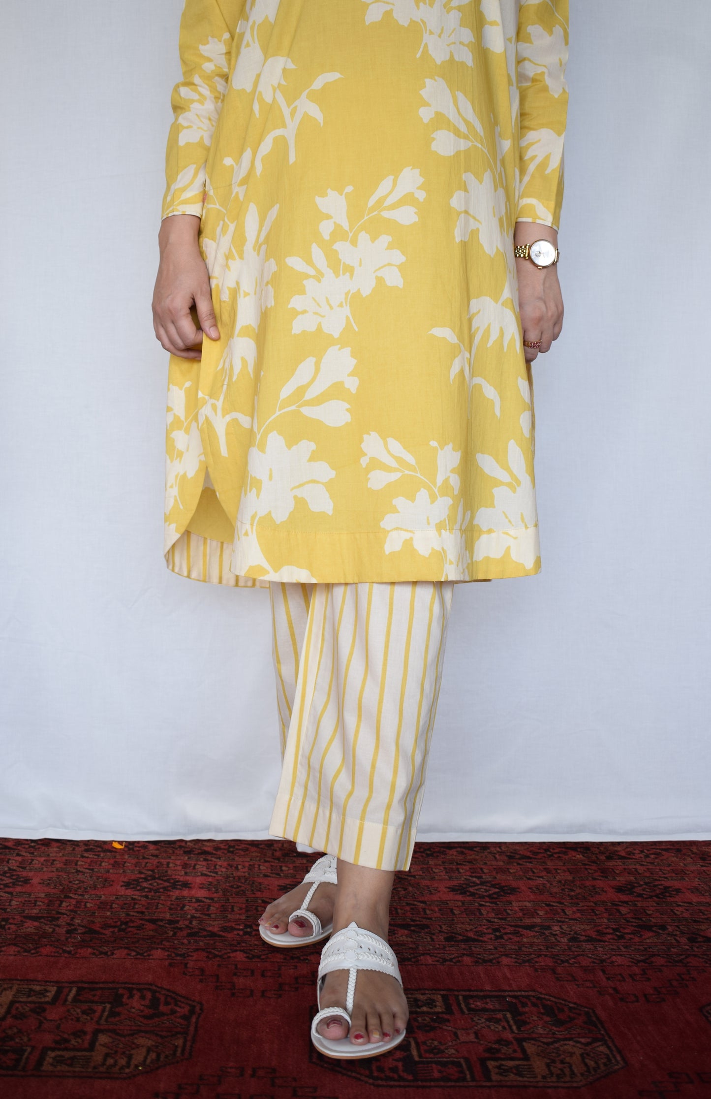 Yellow Floral Kurta with Striped Pajama