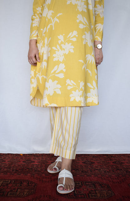 Yellow Floral Kurta with Striped Pajama