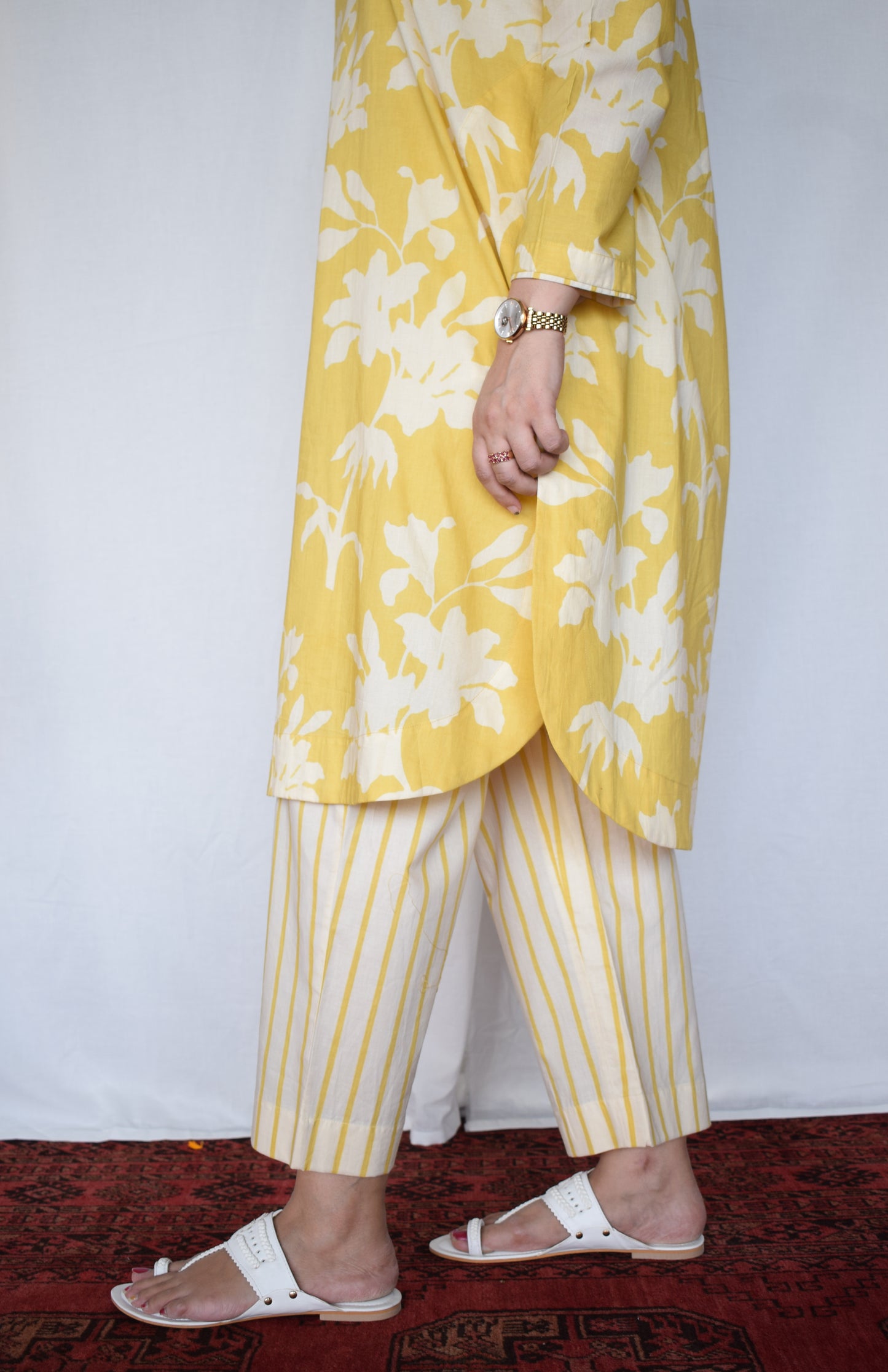 Yellow Floral Kurta with Striped Pajama