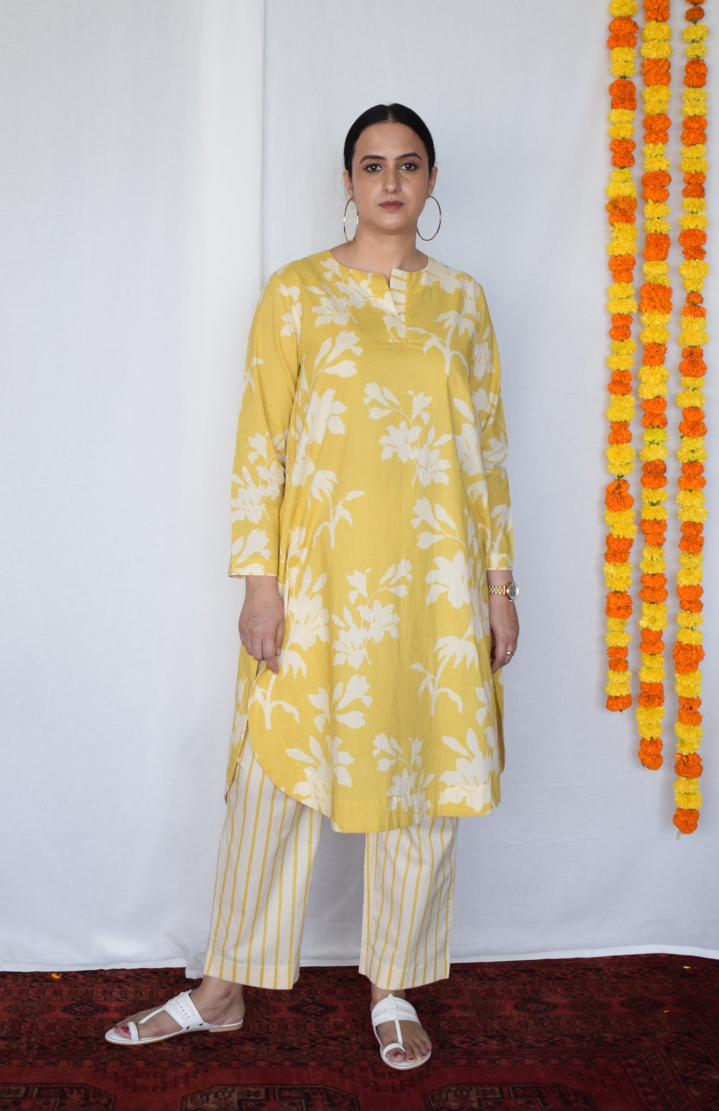 Yellow Floral Kurta with Striped Pajama