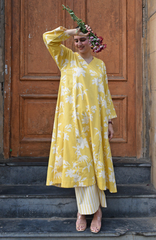 Yellow Floral Paneled Kurta with Striped Pajama