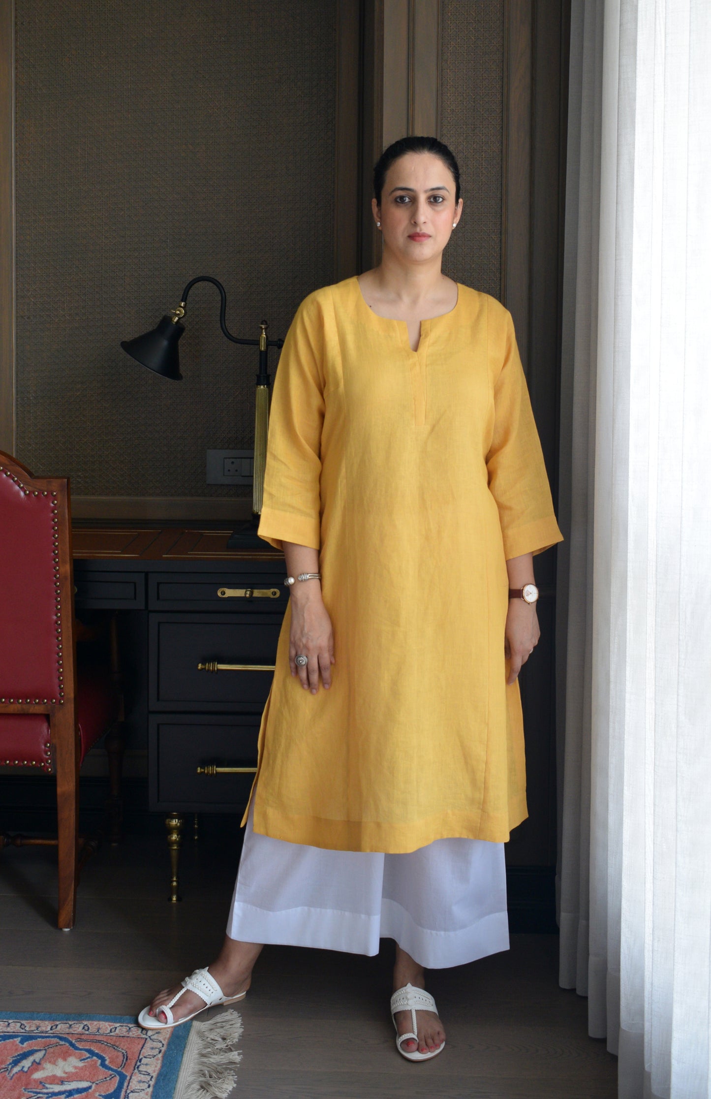 Yellow Linen Straight fit paneled kurta