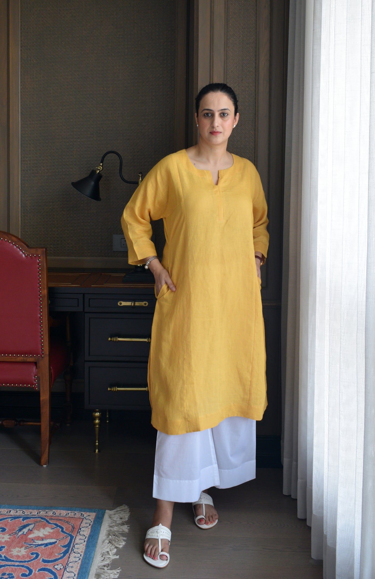 Yellow Linen Straight fit paneled kurta