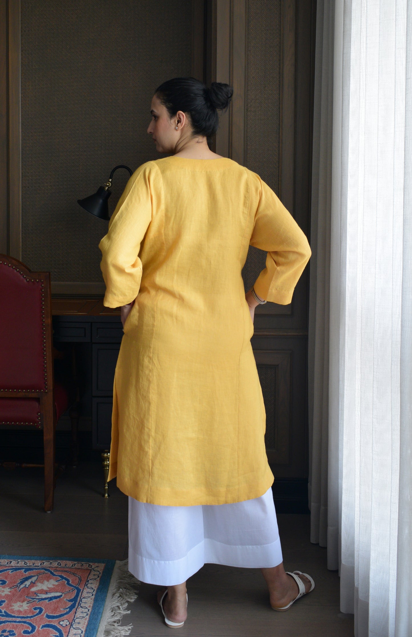 Yellow Linen Straight fit paneled kurta