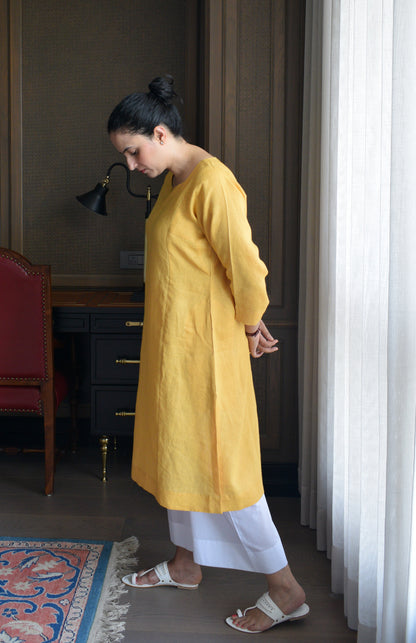 Yellow Linen Straight fit paneled kurta