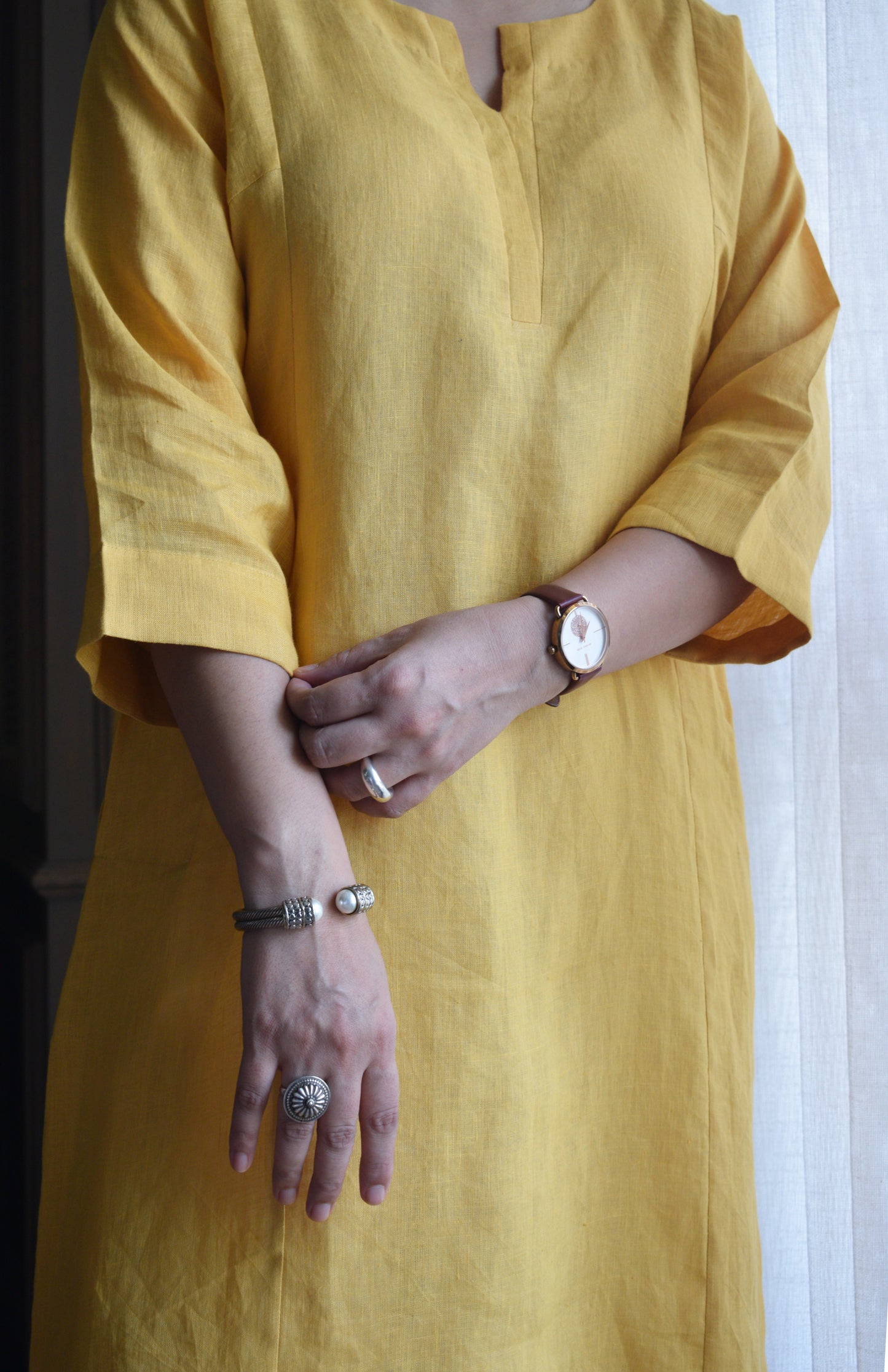 Yellow Linen Straight fit paneled kurta